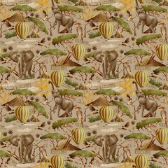 Cute watercolor pattern with trees, elephants, balloon. Africa, safari, nature. Seamless print on...