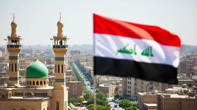 Iraqi flag waving over Baghdad mosque and city, for patriotic themes