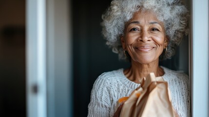 A cheerful elderly woman stands at her doorstep, holding a bag of delicious treats, radiating warmth, joy, and the simple pleasures of life and community connection.