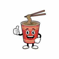 Noodle Mascot's Enthusiastic Approval: A cheerful cartoon noodle cup character, complete with chopsticks, offers a thumbs-up, showcasing a delightful and appetizing culinary experience.