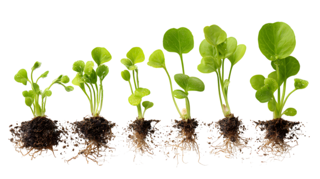 A small, young green seedling with a developing leaf is sprouting from the soil, symbolizing new life and growth in nature