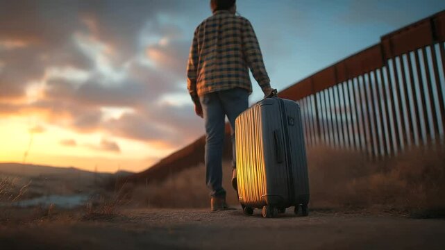 A person with a suitcase at a border fence representing migration challenges