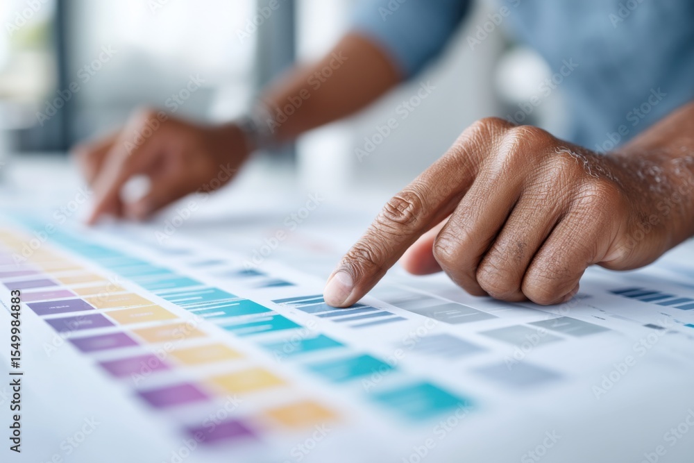 Poster effective change management strategies are discussed during a meeting with hands pointing at a color