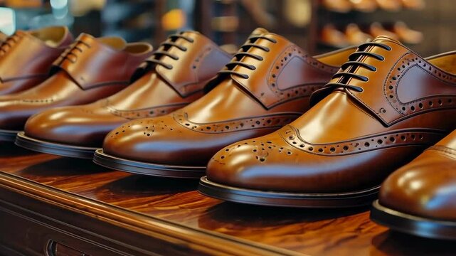 Elegant brown leather dress shoes with decorative brogue detailing displayed on a wooden surface in a stylish boutique setting