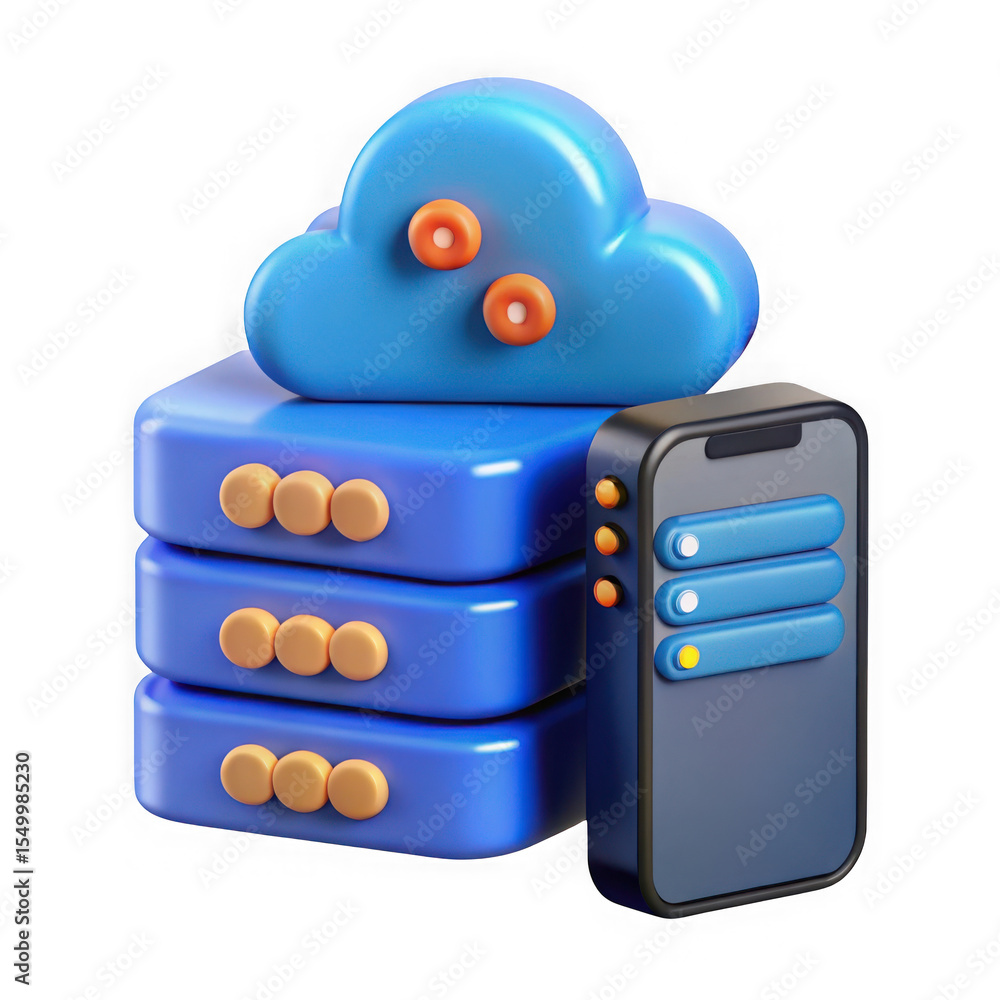 Poster a 3d rendering of a blue cloud server icon with a mobile phone isolated on transparent background