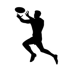 a black silhouette of a man catching a frisbee ball, black, catch, frisbee, man, rugby player, silhouette , Generative art.