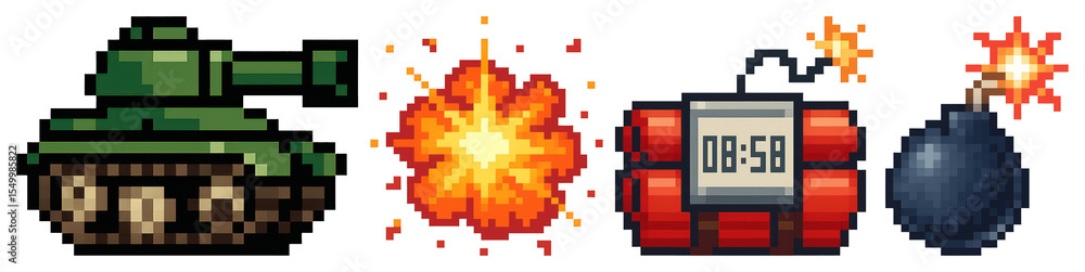 Poster png retro pixelated explosive elements, element set on transparent background