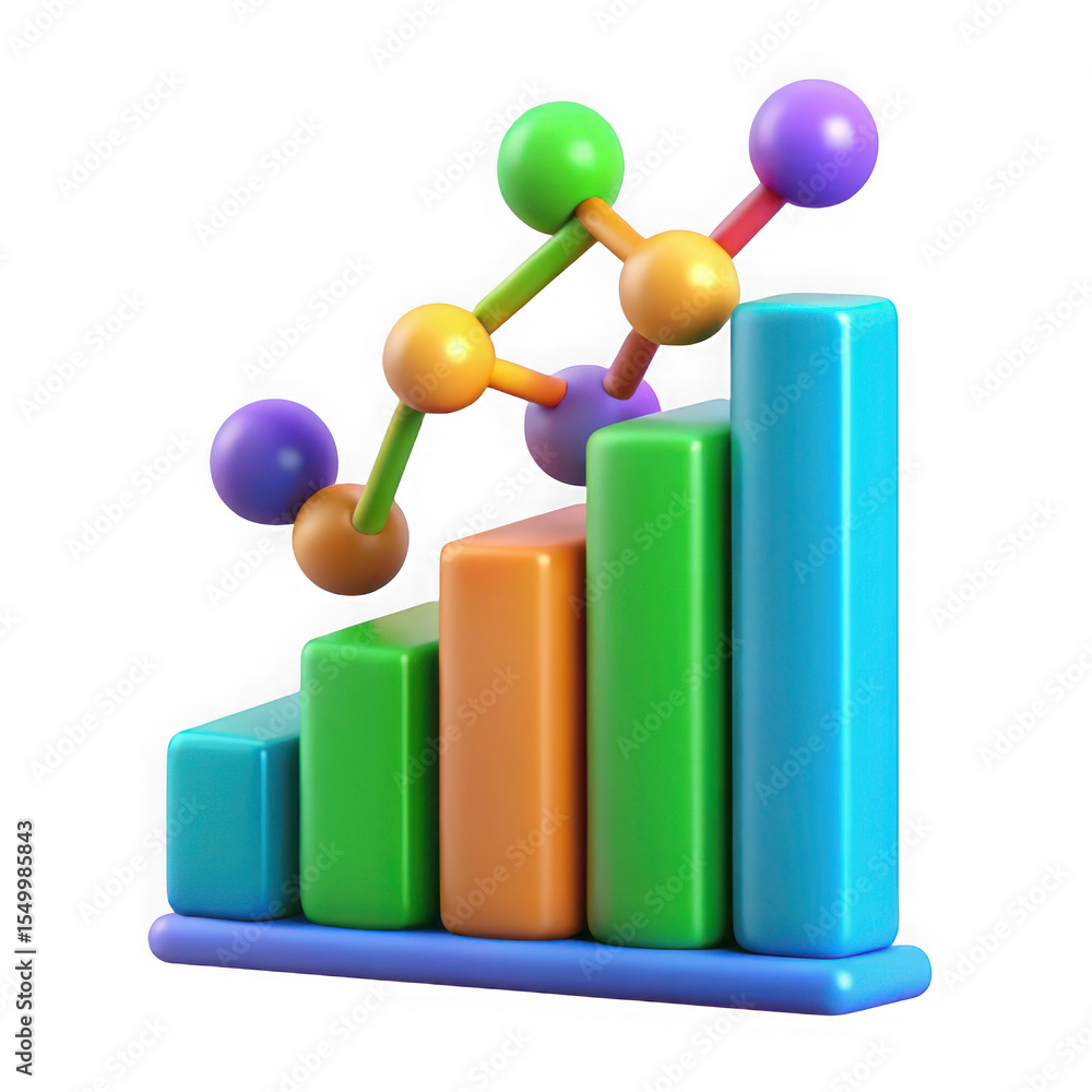 Poster colorful 3d bar graph with a molecule icon isolated on transparent background