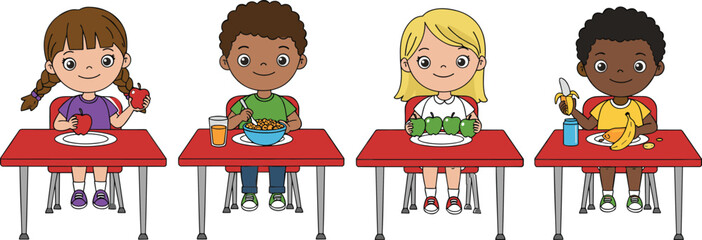 Diverse Happy Children Enjoying Healthy Snacks and Meals at Tables, Promoting Balanced Nutrition, Healthy Eating Habits, and Childhood Development Concepts