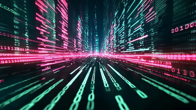 Abstract digital data streams in a futuristic cyberspace environment with glowing binary code and dynamic light trails - Powered by Adobe