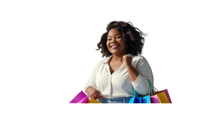 Happy Plus-Size Black Woman Enjoying Retail Therapy with Colorful Shopping Bags