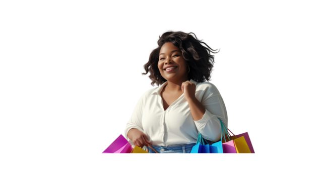 Happy Plus-Size Black Woman Enjoying Retail Therapy with Colorful Shopping Bags
