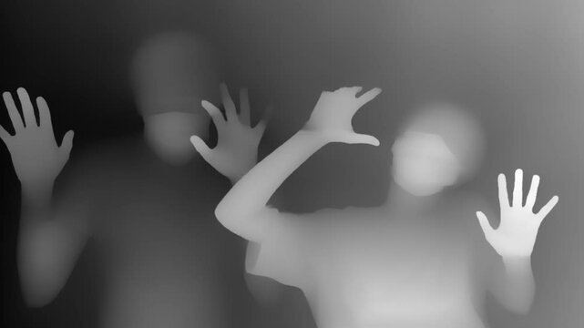 Monochrome depth visualization showing multiple raised hands and blurred human forms, evoking themes of exposure, vulnerability, or environmental crisis.