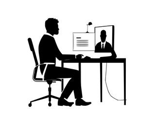 black silhouette of a man sitting at a desk in front of a computer black, businessman, computer, desk, man, silhouette, sit, table , Generative art.