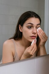 Young woman looking at mirror and taking her makeup off
