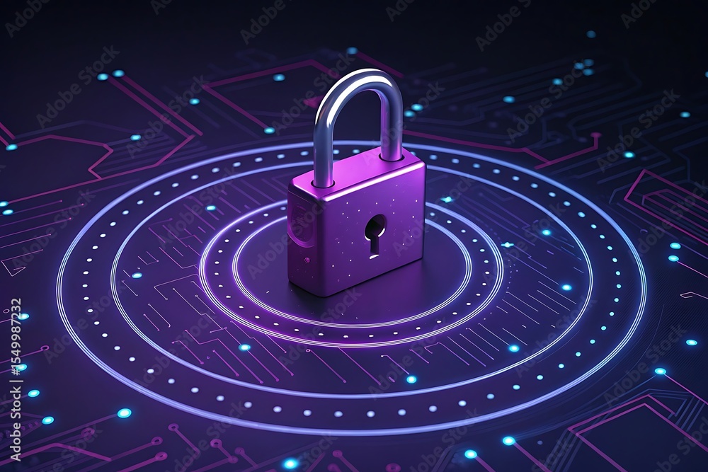 Poster secure digital padlock placed on a glowing circuit board with concentric light rings and blue led li