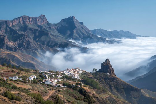 Roque Nublo and Tejeda Village in Gran Canaria Above Clouds, Mountain Landscape