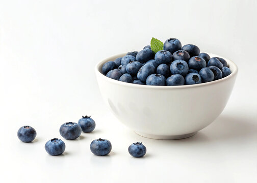 Fresh blueberries in a white bowl with scattered berries and mint leaf