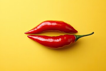 Red chili peppers arranged as a kiss on a yellow background