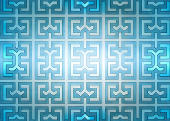 Geometric pattern with light blue and white details in a repeating grid design. Intricate maze-like shapes create a visually appealing texture on a light background.
