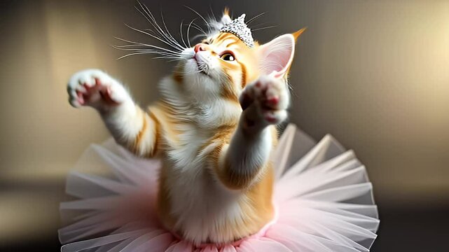 Humorous Feline Ballerina: A Funny Siberian Cat in a Ballet Tutu and Diadem Against a Black Background