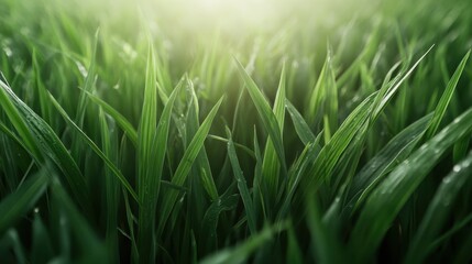 Obraz premium A close-up of vibrant green grass blades illuminated by sunlight, capturing the essence of a lush and healthy natural environment filled with life and freshness.