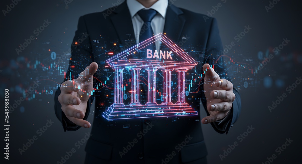 Poster man holding digital bank building with futuristic glowing particles and financial data streams surro
