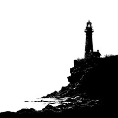 a black and white lighthouse standing on a rocky cliff by the sea or ocean black, cliff, house, light, lighthouse, ocean, rock, rocky, sea, stand, water , Generative art.