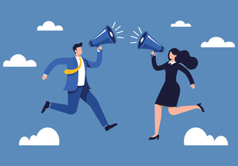 Businesswoman and businessman cartoon vector illustration of people running and jumping on a cloud, symbolizing success in cloud computing