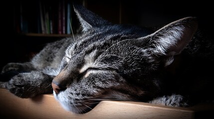 Sleepy tabby cat resting on wooden surface