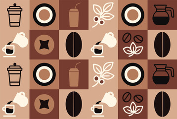 Geometric pattern coffee pattern for coffee cup packaging vector pattern in coffee tones with coffee elements design elements