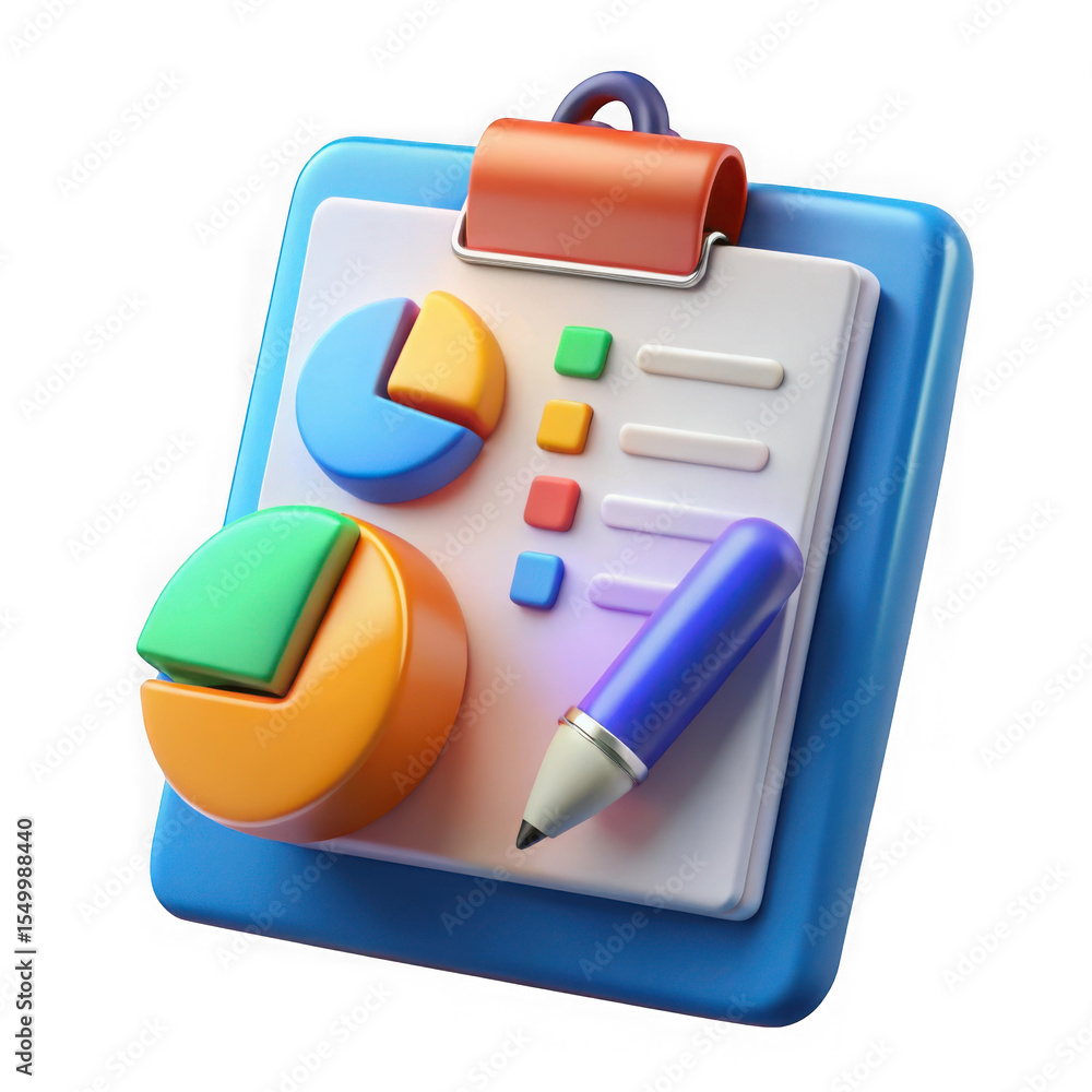 Poster a 3d rendering of a clipboard with charts and a pen, isolated on transparent background