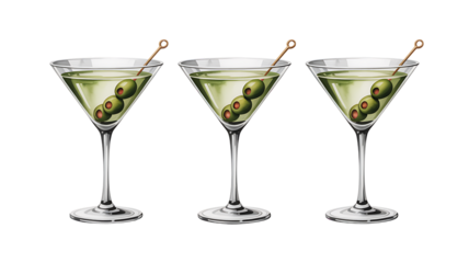Three classic martini cocktails with olives garnish and martini picks on white background