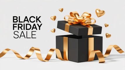 Black friday sale open gift box with gold ribbon and hearts