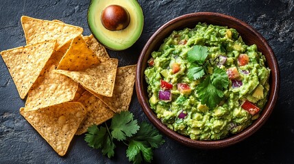 Delicious guacamole dip served with golden tortilla chips and fresh avocado, perfect for snacking or entertaining guests.