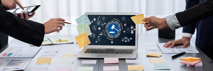 Analyst team use sticky note for creative and analytic brainstorm for business idea with BI data...