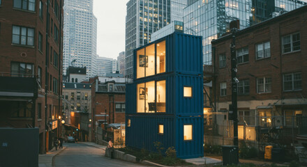 Fototapeta premium Shipping container house home, tiny house in sunny day. Shipping container houses is sustainable, eco-friendly living in the city