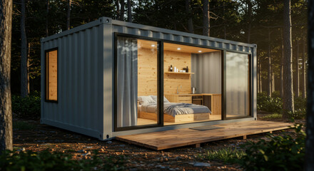 Shipping container house home, tiny house in sunny day. Shipping container houses is sustainable, eco-friendly living in the forest