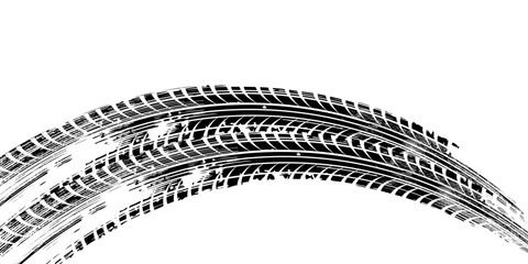Grunge tire track, wheel braking marks. Truck, car or motorcycle tread pattern silhouette. Auto race, motorsport, speed racing design element. eps 10