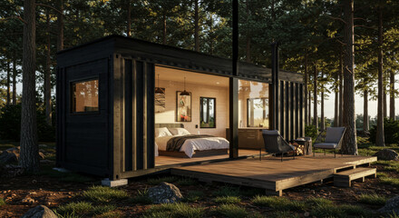 Shipping container house home, tiny house in sunny day. Shipping container houses is sustainable, eco-friendly living in the forest