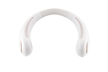 White neck fan isolated on white background. Rechargeable portable adjustable neck fan. Full depth...