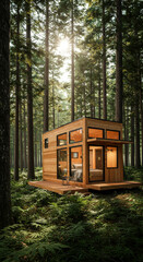 Shipping container house home, tiny house in sunny day. Shipping container houses is sustainable, eco-friendly living in the forest