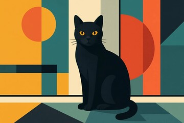 Art illustration: black cat on colorful geometric background