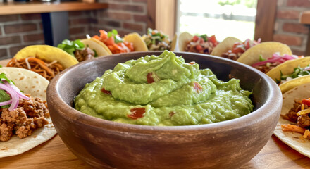 Bowl with delicious guacamole. Avocado. Bowl of guacamole with fresh ingredients
