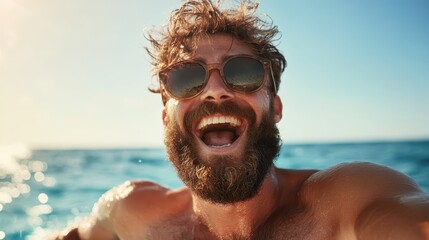A man with a delighted expression enjoying a sunny day at the beach, capturing the essence of joy and freedom while showcasing his adventurous personality.