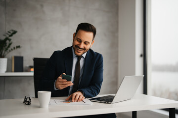 Handsome businessman in suit working in his office