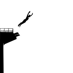 a black and white silhouette of a man jumping off a cliff black, cliff, diver, jump, man, person, silhouette, water , Generative art.