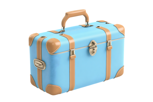 Cute 3d cartoon blue suitcase with tan straps and gold hardware, perfect for travel, vacation, or journey concepts, isolated on white background, ideal for various design projects