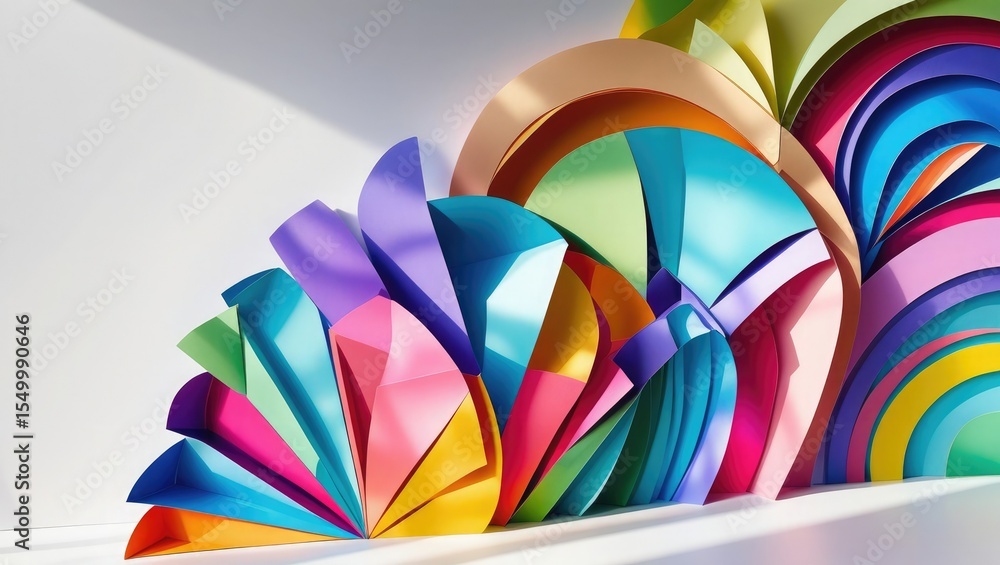 Poster vibrant abstract composition of colorful curved paper segments arranged in a fan shape casting soft 