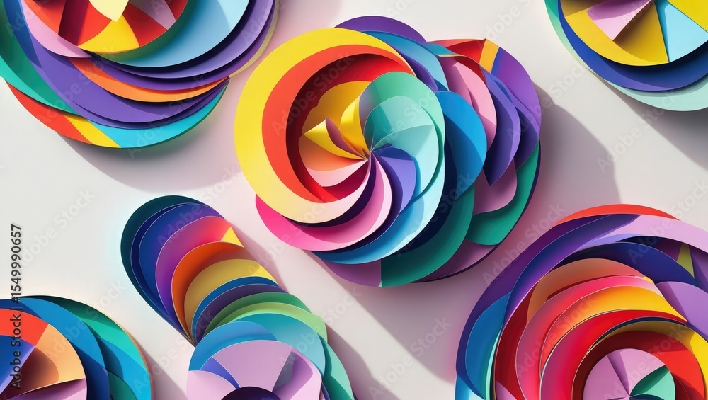 Poster vibrant abstract arrangement of colorful paper swirls and curves creating a dynamic and playful visu